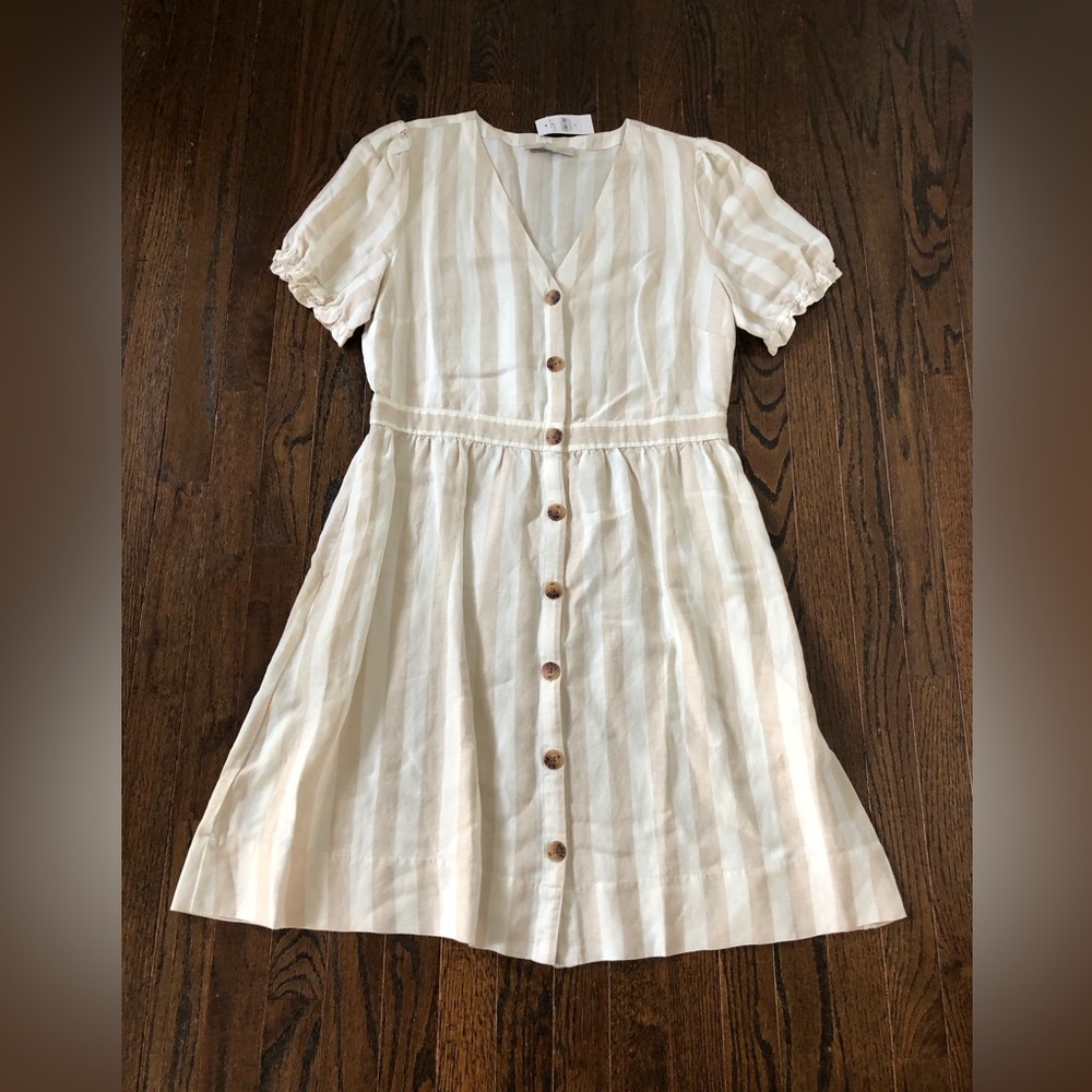 *NWT* LOFT Women’s 12 Tan/Beige Striped Shoet-Sleeved V-Neck Linen Sundress